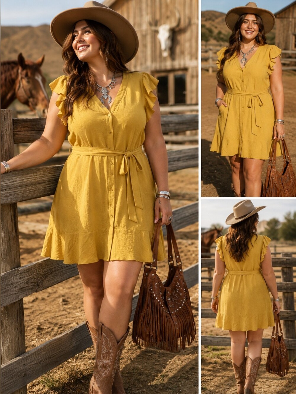 Ruffled Sleeve Mustard Yellow Button-Front Midi Dress with Tie Belt